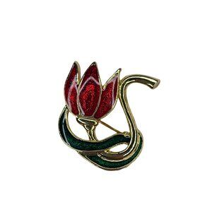 Vintage Flower Brooch Pin Gold-Tone Red & Green Enamel Lotus Design